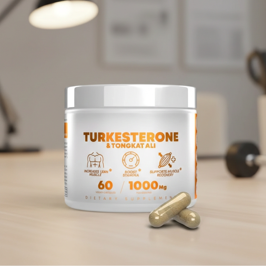 Turkesterone supplement container with capsules on a blurred background